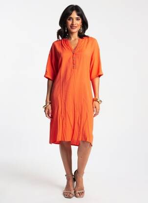 Robe mi-longue tissage crêpe manches courtes orange CANAT femme
