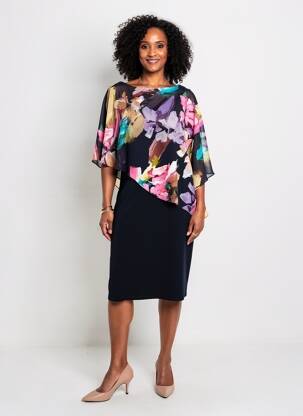 Robe mi-longue imprimé fleurs manches 3/4 bleu JOSEPH RIBKOFF femme
