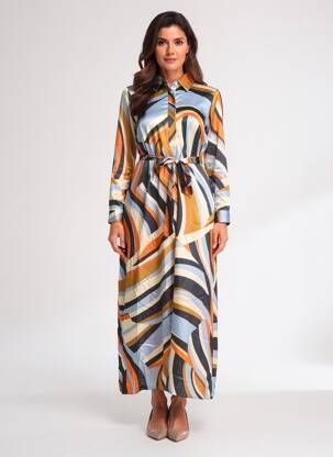 Robe longue imprimé fantaisie manches longues orange LAUREN VIDAL femme