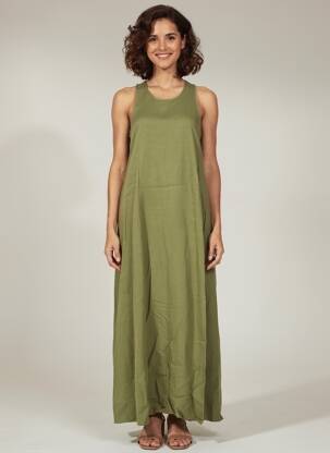 Robe longue coupe évasée sans manche vert LAUREN VIDAL femme
