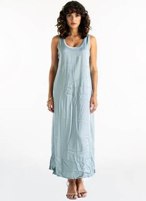 Robe longue coupe évasée sans manche bleu LAUREN VIDAL femme