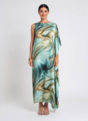 Robe longue imprimé fantaisie sans manche vert LAUREN VIDAL femme