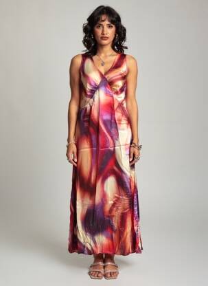 Robe longue imprimé fantaisie sans manche rouge LAUREN VIDAL femme
