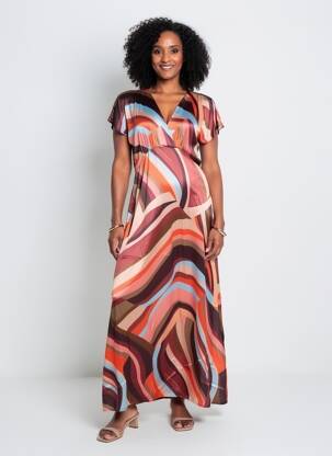 Robe longue imprimé fantaisie manches courtes marron LAUREN VIDAL femme
