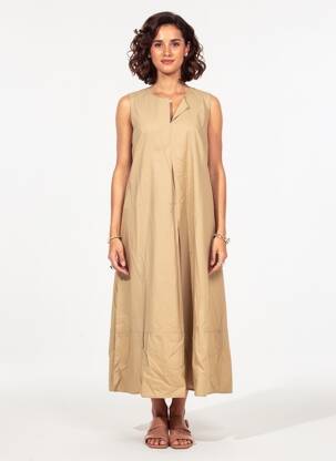 Robe longue coupe évasée sans manche beige LAUREN VIDAL femme