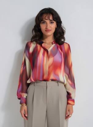 Chemisier col mao manches longues rouge LAUREN VIDAL femme