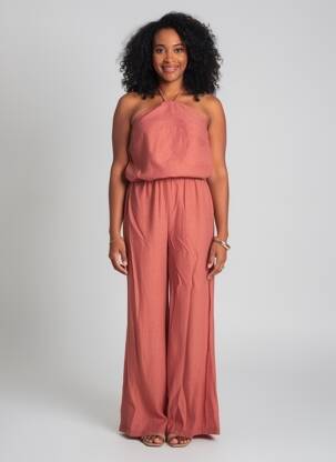 Combi-pantalon tissage crêpe fines bretelles orange LAUREN VIDAL femme