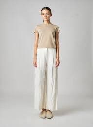 Pantalon large fermeture zippée sous rabat boutonné taille haute beige LAUREN VIDAL femme