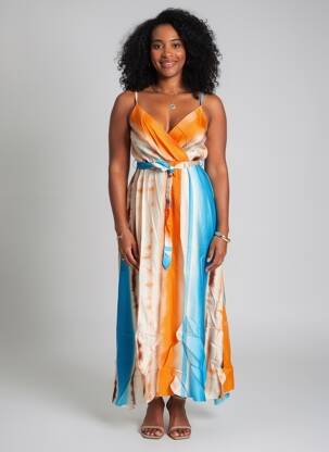 Robe longue imprimé fantaisie fines bretelles bleu MADE IN ITALY femme