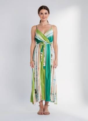 Robe longue imprimé fantaisie fines bretelles vert MADE IN ITALY femme