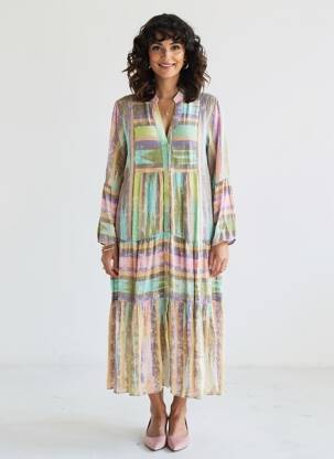 Robe longue imprimé fantaisie manches longues beige LAST QUEEN femme