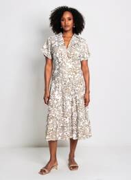 Robe mi-longue imprimé fantaisie manches courtes marron GOA femme