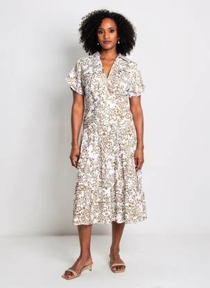 Robe mi-longue imprimé fantaisie manches courtes marron GOA femme