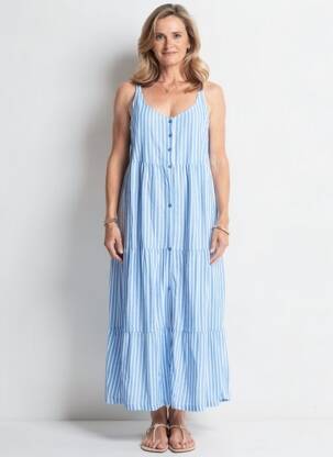 Robe longue imprimé fantaisie fines bretelles bleu BARANDI femme
