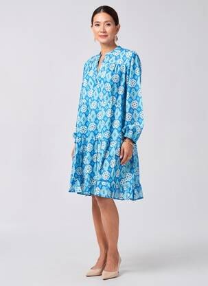 Robe mi-longue imprimé fantaisie manches longues bleu GOA femme