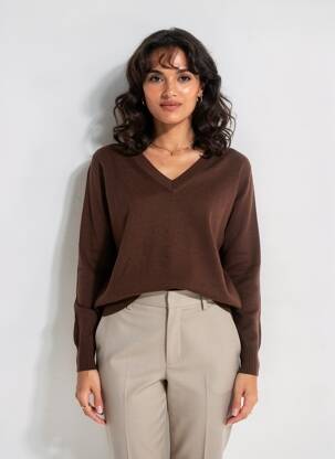 Pull coupe cintrée manches longues marron MADE IN ITALY femme