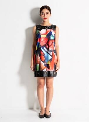 Robe mi-longue imprimé fantaisie sans manche noir JOSEPH RIBKOFF femme
