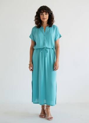 Robe mi-longue coupe fluide manches courtes bleu MAJESTIC FILATURES femme