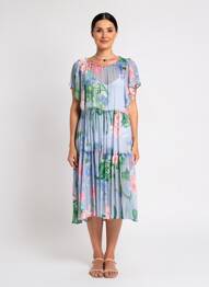 Robe mi-longue coupe fluide manches courtes bleu TRICOT CHIC femme