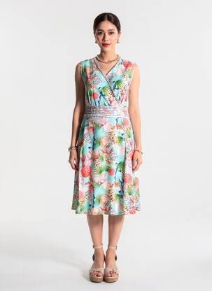 Robe mi-longue imprimé fantaisie sans manche bleu OLIVIER PHILIPS femme