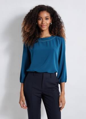 Top tissage crêpe manches 3/4 bleu COTE RUE femme