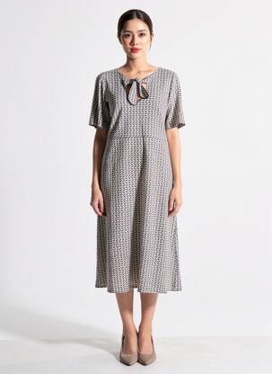 Robe mi-longue imprimé fantaisie manches courtes noir MARGOT femme