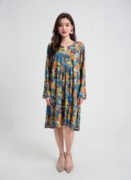 Robe mi-longue imprimé fleurs manches longues bleu ANTOINE & LILI femme