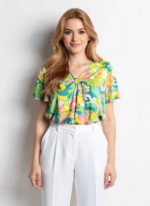 T-shirt col v manches courtes jaune BLUTSGESCHWISTER femme