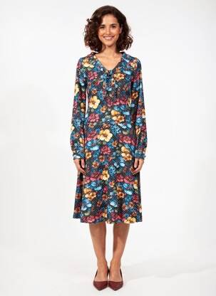 Robe mi-longue imprimé fantaisie manches longues noir MARGOT femme