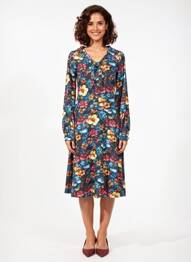 Robe mi-longue imprimé fantaisie manches longues noir MARGOT femme