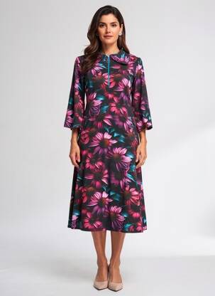 Robe mi-longue imprimé fantaisie manches longues noir MARGOT femme