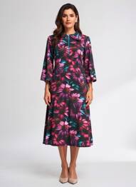 Robe mi-longue imprimé fantaisie manches longues noir MARGOT femme