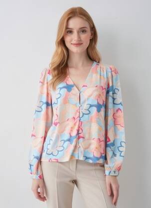 Chemisier imprimé fantaisie manches longues bleu LA PETITE ETOILE femme