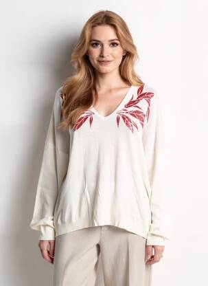 Pull col v manches longues beige ONE STEP femme