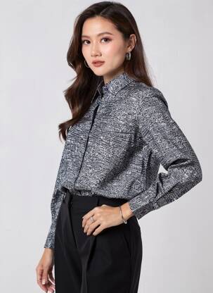 Chemisier coupe cintrée manches longues bleu COTON DOUX femme