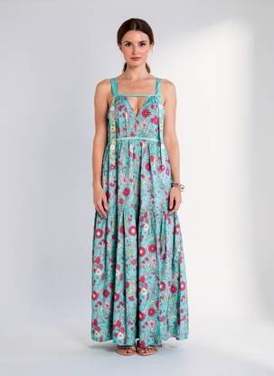 Robe longue imprimé fleurs fines bretelles bleu RHUM RAISIN femme