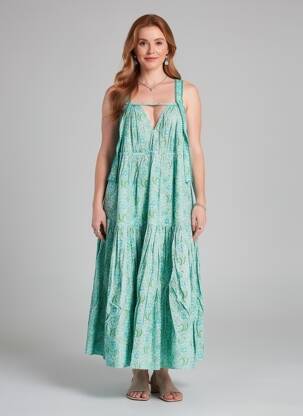 Robe longue tissage popeline fines bretelles vert RHUM RAISIN femme