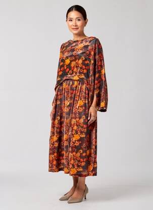 Robe mi-longue imprimé fleurs manches longues orange RHUM RAISIN femme