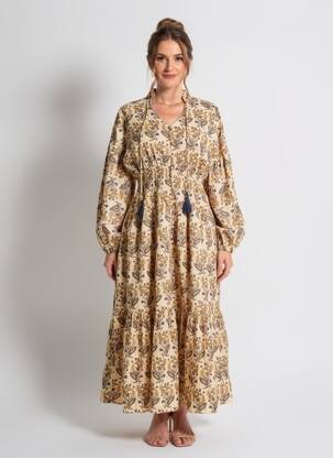 Robe longue tissage popeline manches longues beige RHUM RAISIN femme