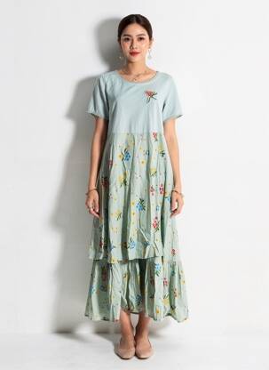 Robe longue tissage popeline manches courtes vert RHUM RAISIN femme