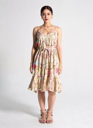 Robe mi-longue imprimé fantaisie fines bretelles beige RHUM RAISIN femme