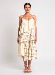 Robe mi-longue imprimé fleurs fines bretelles beige RHUM RAISIN femme