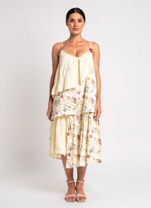Robe mi-longue imprimé fleurs fines bretelles beige RHUM RAISIN femme