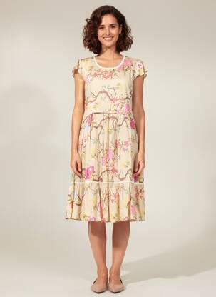 Robe mi-longue imprimé fleurs manches courtes beige RHUM RAISIN femme