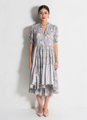 Robe mi-longue imprimé fleurs manches courtes bleu RHUM RAISIN femme