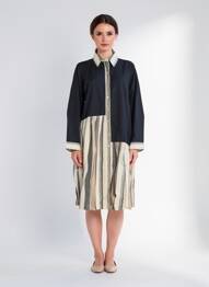 Robe mi-longue tissage crêpe manches longues bleu RHUM RAISIN femme