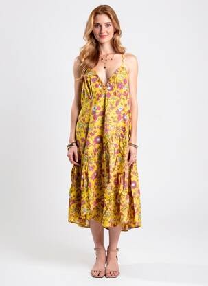Robe mi-longue imprimé fantaisie fines bretelles jaune RHUM RAISIN femme