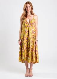 Robe mi-longue imprimé fantaisie fines bretelles jaune RHUM RAISIN femme