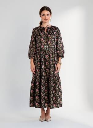 Robe longue imprimé fleurs manches 3/4 marron RHUM RAISIN femme