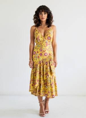 Robe mi-longue col v fines bretelles jaune RHUM RAISIN femme